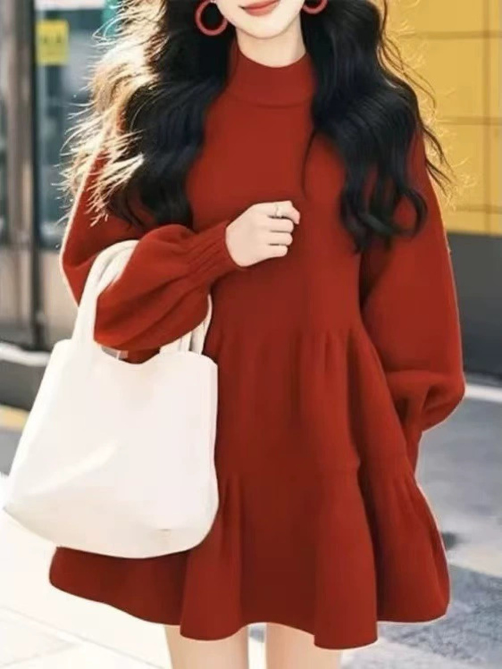 ZARA Red Lantern Sleeve Knit Sweater Dress Korean Cozy Christmas Afternoon